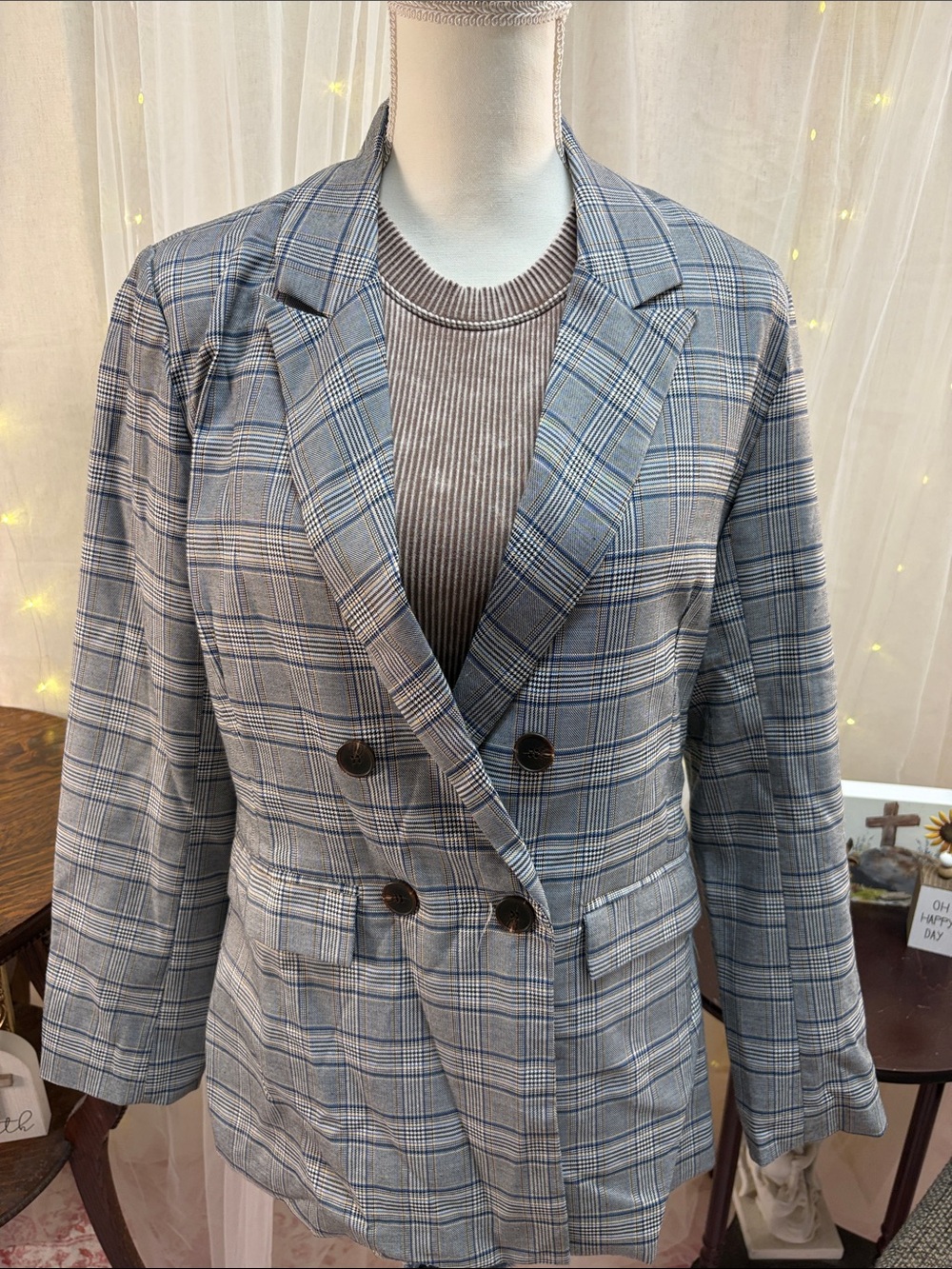 Double-Breasted Women’s Plaid Blazer in Light Grey and Blue